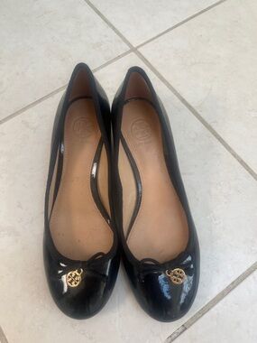 Tory Burch Black Patent Logo Wedge